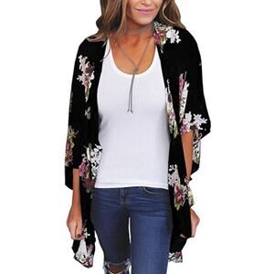 Chiffon Shirt 3/4 Length Sleeve Black Floral Wrap Cardigan Floral Elegant Shirt